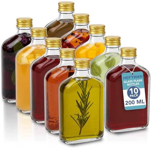 HEFTMAN Flask Botellas de Vidrio Pequeñas - Paquete de 10 Botellas de Vidrio de 200ml con Tapas, Vacías, Herméticas, Reutilizables Botella de 200ml - Perfectas para Ginebra, Vino, Vinagre, Bebidas