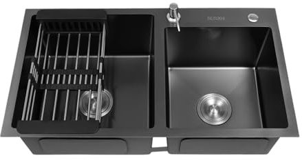 SICHENSH Lavello da incasso Lavabo Sottopiano, 78 x 43 x 22 cm, in acciaio inox, doppio lavello con scolapiatti e dispenser di sapone, adatto per cucine o bagni, piano UE