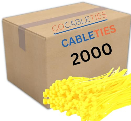 Gocableties Small Yellow Cable Ties, 100mm x 2.5mm, Bulk Pack of 2000, 4” Premium Nylon Zip Ties, Plastic Tie Wraps, Secure Self-Locking Mechanism, for Home, Garden, Office and DIY
