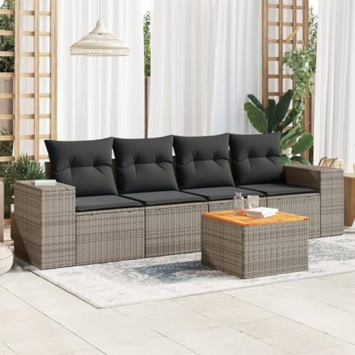 ULUYYUC 5-TLG. Garten-Sofagarnitur, Schlafsessel Mit Bettfunktion Eckbankgruppe Gartenstühle Terrassenmöbel Geeignet für Balkon Hinterhof Garten Außenbereich mit Kissen Grau Poly Rattan