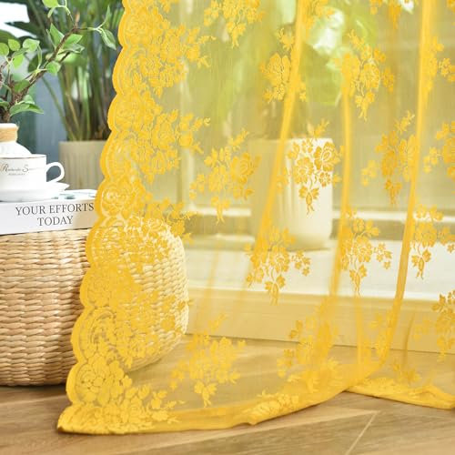 Kotile 72 Inch Gold Lace Curtains 2 Panels, Country Rustic Retro Mustard Yellow Sheer Lace Curtains 72 Inches Long for Living Room, Rod Pocket Light Filtering Privacy Window Curtain Drapes, 52 x 72 In