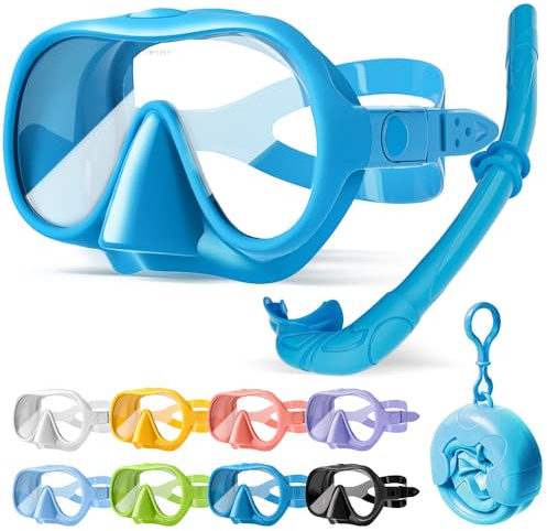 HINATAA Schnorchelset Erwachsene, Macaron Rahmenlose Taucherbrille, 180° Ultra Weitsicht Anti Nebel Schnorchelmaske, Anti-Leck Professionelles Tauchmaske, Schwimmbrille Frauen Männer (Dunkelblau Set)