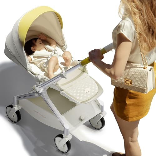 Hot Mom leichter Kinderwagen, breite Sitze, verstellbare Rückenlehne, große stoßdämpfende Räder, Magnesiumrahmen, Fahrtrichtung in Sekunden wechselbar, Modell F39 (Beige)