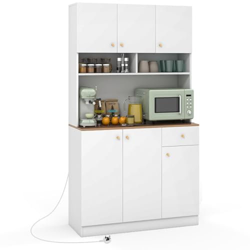KOMFOTTEU Hoher Küchenschrank mit Ladestation, Mehrzweckschrank mit Schublade & Türen, Buffetschrank mit verstellbaren Regalen, Aufbewahrungsschrank 100x40x181 cm für Esszimmer Küche, Weiß