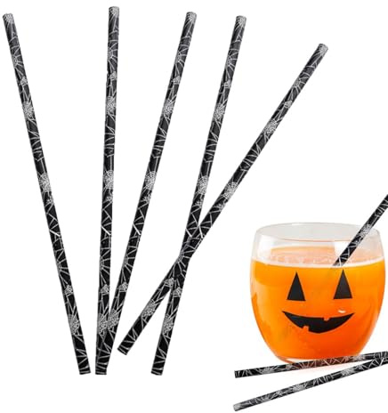 Misaakoeq Halloween-Papierstrohhalme – Halloween-Deko-Strohhalm – umweltfreundlich, mit Spinnennetz, bedrucktes Papier, Saft, Milch, Getränkestrohhalm