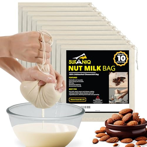 Nussmilchbeutel – 10 Stück (30,5 x 30,5 cm) 100% ungebleichte Baumwolle Käsetuchbeutel zum Abseihen, hochwertige Nussmilchbeutel wiederverwendbar, Nussbeutelsieb für Mandel, Soja, Hafermilch, Säfte,