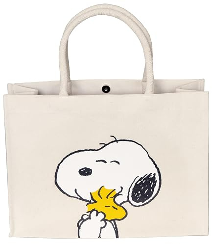 Stor damväska med jute- och bomullshandtag, shoppingväska med snyggt innerfoder och ficka, signerad snoopy-design, för shopping, resor, universitet och lunch, raffinerad, trendig, jutemix, Beige,