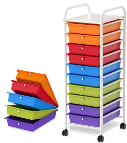 FIVMEN Rollwagen Rollcontainer mit 10 Schubladen Bastelwagen Organizer Schubladenwagen Badregal mit Metallgestell und Ablagefläche Aufbewahrungswagen, Schmal