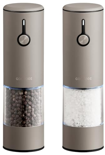 Stainless Steel Rechargeable Electric Salt and Pepper Grinder Set, USB Charging with Dust Cover, 6 Adjustable Grinding Modes + LED Light 2pack，Brown