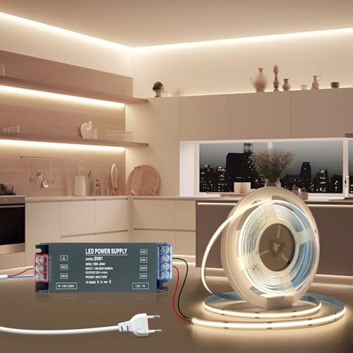 BRIMETI Tira LED 5M COB 24V Autoadhesivo Luz Blanca Natural 4000K 320LEDS/M Tira LED Cocina Cortable Ancho 8mm Con 24V Transformador 100W y Cable de Alimentación, para Dormitorio Fiestas