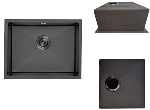 Gresinex - Fregadero Omega Bajo Encimera Insonorizado 20 cm Profundidad Negro y Acero Inox - Revestimiento Anticondesación- Grosor 2.5 mm + 1 mm. (Negro Arenado, 50x45)