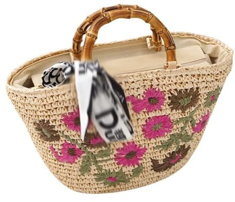 TOTIKI Sac De Plage Sac À Bandoulière Tissé en Paille Petit Sac À Fleurs Sac en Rotin Sac À Main Unique Pastorale Sac De Plage pour Femme Sac À Main pour Voyages Vacances(Rot)