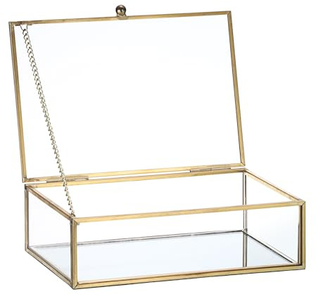SUMTree Gold Glas Schmuckbox mit Deckel, Messing Display Box Rechteck vintage Schmuckschatulle Heimdeko Vitrine Glasbox für Ring, Ketten, Armbänder, Ohrring Geschenk für Damen Geburtstag Hochzeit