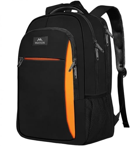 MATEIN Mochila Portatil 17 Pulgadas Impermeable, Mochila Ordenador Portatil Hombre Antirrobo Gran Capacidad, Laptop Backpack para Trabajo Viaje Escolares, Negro-Naranja