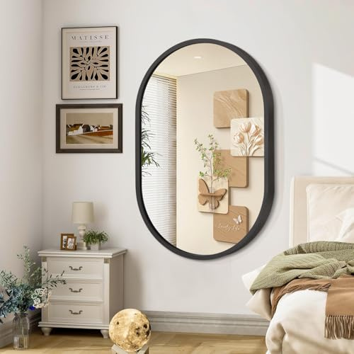 JJUUYOU Oval Mirror Black Metal Frame Bathroom Mirrors for Wall 70×50 CM Large Aluminum Alloy Mirror Decorative for Bathroom Living Rooms Bedroom Entryway Hallway Horizontal or Vertical Hanging