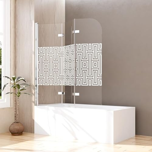 Goezes Duschwand für Badewanne 120x140cm 3-teilig Faltbar Badewannenaufsatz, Duschtrennwand mit Labyrinthe Muster Duschabtrennung aus 6mm ESG Sicherheitsglas, Dreifaltigkeitstür Duschwand