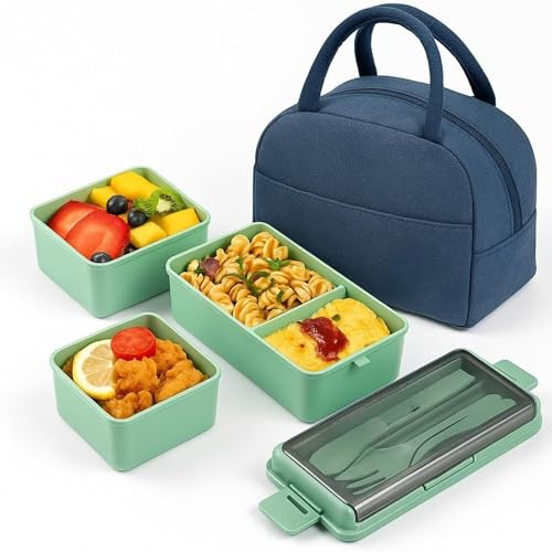 Complete Leakproof Bento Lunch Box Set for Adults & Kids – 3 Stackable Containers with Cutlery Case & Lids – BPA-Free Food Storage – Microwave Safe & Includes Stylish Portable Insulated Bag Mint Green
