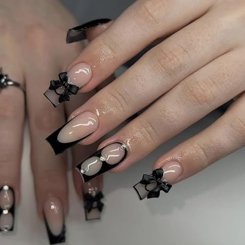 24pcs Long Square Press On Nails – Black Handmade False Nails with French Tip & 3D Gradient Design – Durable Acrylic with Tools Gothic Style for Party