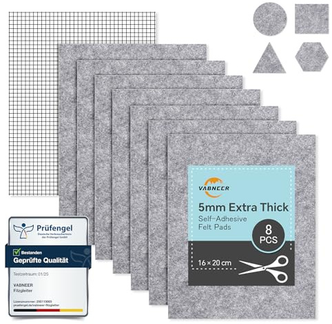 Lot de 8 patins en feutre autocollants (16 x 20 cm, 5 mm) | Feutre aiguilleté de qualité supérieure pour chaises et meubles | Découpables et amortissant le bruit | Protection silencieuse des sols