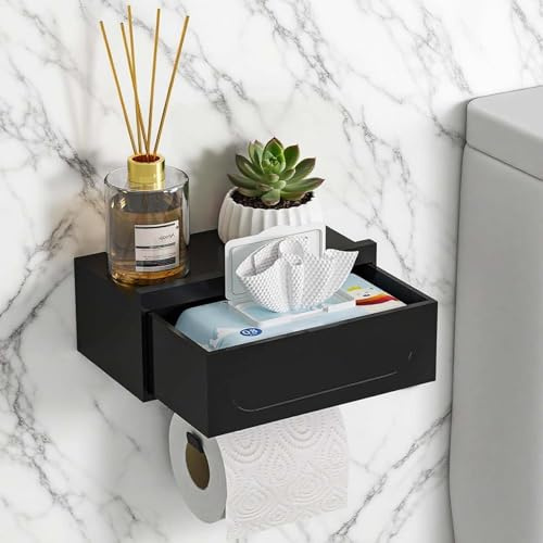 Portarrollos de Papel Higiénico Sin Taladro con Capacidad 10 kg y Estante, Incluye Cajón para Baño y Cocina 20x12.5x8.8 cm en Color Negro