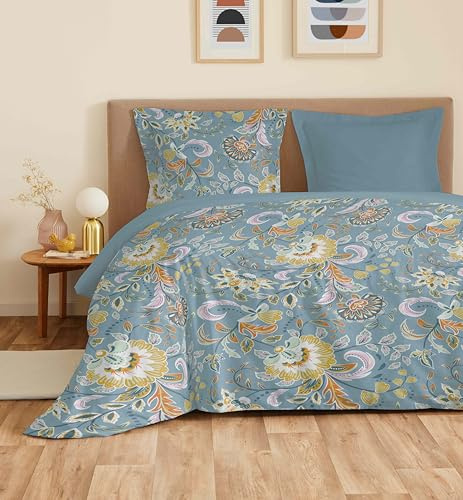 COTON PUR Parure de draps 4 pièces Vanessa pour lit 160 x 200 cm Grande Largeur (Bergame Turquoise)