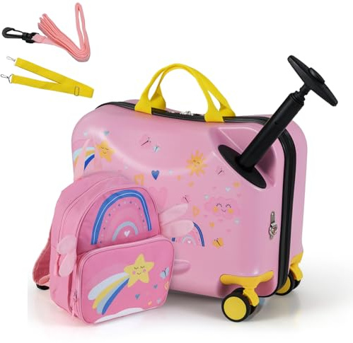 DREAMADE Kinderkoffer zum Draufsitzen, 2 TLG. Kinderkoffer mit Rucksack, Kindergepäck Trolley zum Reisen, Reisetrolley Kinder Trolley Set (18 Zoll +12 Zoll,Rosa-Stern)