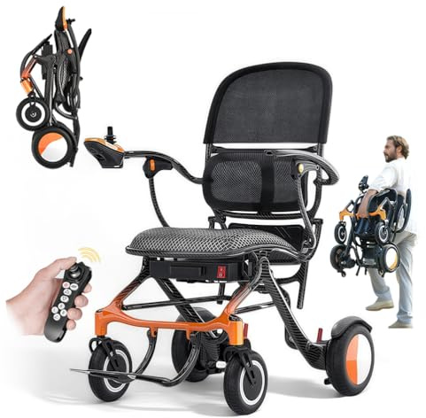 ZQHQKJ Carbon Rollstuhl Elektrisch, Faltbar Leicht: Nur 10 kg schwer Elektrorollstuhl Faltbare für All Gelände - 25KM Elektrischer Rollstuhl für Senioren bis 150 kg, Magnesiumfelgen,max. 6 km/h,10Ah