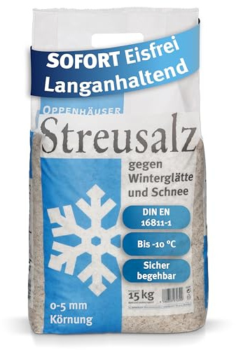 OPPENHÄUSER Streusalz 15kg: Sofort eisfrei & langanhaltend, Auftausalz gegen Glatteis, Winterstreu für sichere Gehwege, Einfahrten & Parkplätze, Kornklasse M, DIN EN 16811-1, Premium Qualität