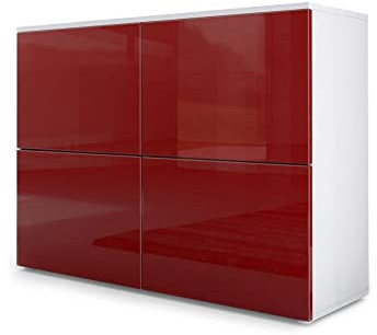 Vladon Sideboard Rova, Made in Germany, Kommode mit 4 Türen, Weiß matt/Bordeaux Hochglanz (92 x 72 x 35 cm)