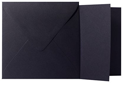 25 Quadratische Schwarz Briefumschläge 120g von der Größe 15,5 X 15,5 cm + Klappkarten 240g von der Größe 15 X 15 cm, mit dreieckiger Lasche zum Kleben ohne Fenster