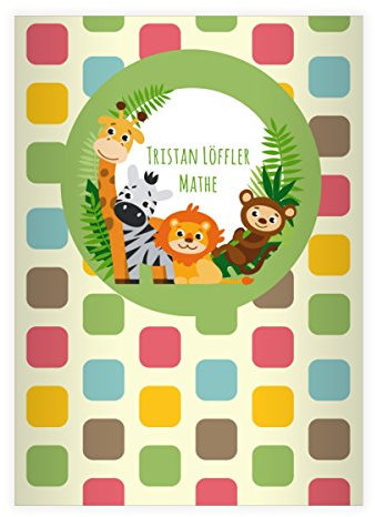 Kartenkaufrausch 16 personalisierte, Fröhliche, buntes Zoo DIN A4 Grundschul Hefte mit Giraffe, Zebra und co in grün Kontrastlineatur 1