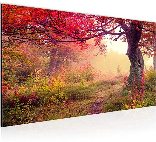Runa Art Wandbild Wald Landschaft 1 Teilig 100 x 40 cm Modern Bild auf Vlies Leinwand Herbst Schlafzimmer Wohnzimmer Rosa 611612a