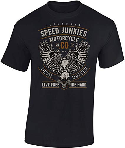 Baddery Biker T-Shirt Herren : Legendary Speed Junkies - Motorrad Geschenke für Männer Tshirt - Motorradfahrer T Shirt - Motorradbekleidung Zubehör (Schwarz L)