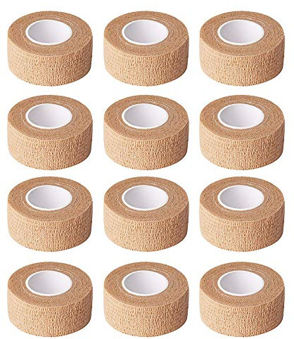 12 Pieces Adhesive Bandage Wrap Stretch Self-Adherent Tape for Sports, Wrist, Ankle, 5 Yards Each (1 Inch, Skin Color)