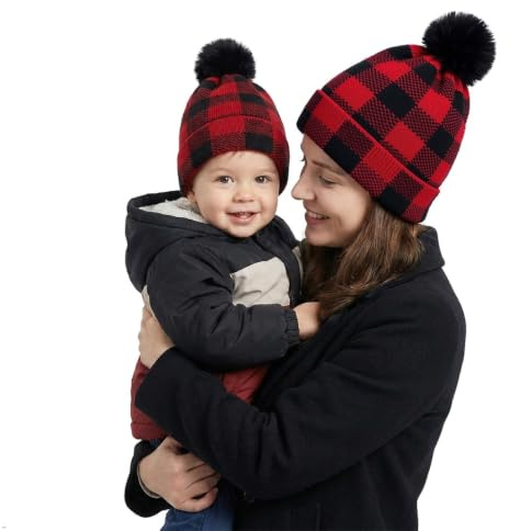 SoulQ Parent-Child Family Matching Cappelli madre bambino Knit Crochet Warm Hat Pompon Beanie Cap 0-3 anni Madre & Bambino S