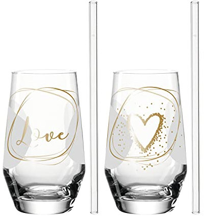 Leonardo Presente Trink-Gläser 4 teilig, spülmaschinenfeste Wasser-Gläser mit Gravur und Strohhalm, Motiv Love Saft-Glas Geschenk-Set 365 ml 029184