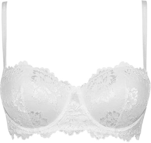 LORMAR Deluxe Fascia Reggiseno Fascia Balconcino in Pizzo con Coppe Graduate e Spalline Staccabili, Effetto + 1 Taglia con Ferretto (Bianco, 4 L IT Donna)