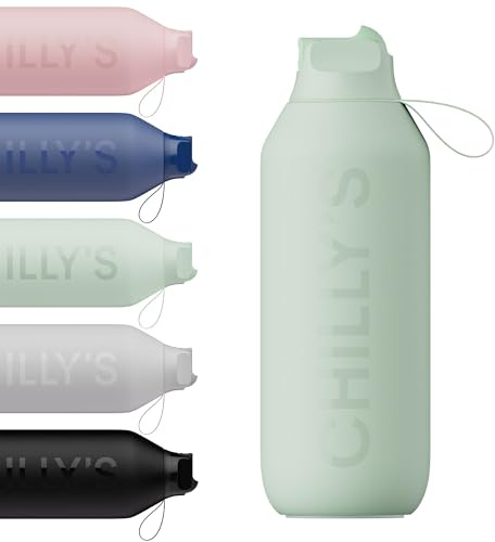 Chilly's Series 2 Flip Water Bottle with Sports Lid - Vacuum Insulated Stainless Steel Water Bottle with Straw, Carry Loop, & Cleaning Brush - No Sweat - 500ml - Lichen Green
