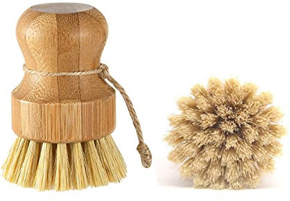 CAOMEI Gemüsebürste Bambus, 2 Pcs Pilzbürste Gemüsebürste Topfbürste Naturborsten, Spülbürste Runde Küchenbürste Aus Bambus Zur Reinigung Von Töpfen, Pfannen, Tellern, Besteck