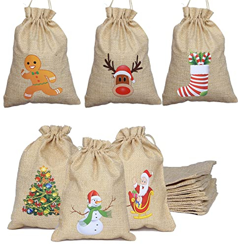 Geschenktüten Weihnachten 12 Stück Übergroße Jutesäckchen Weihnachtstüten Geschenksäckchen Leinensäckchen mit Kordel 20x15 cm