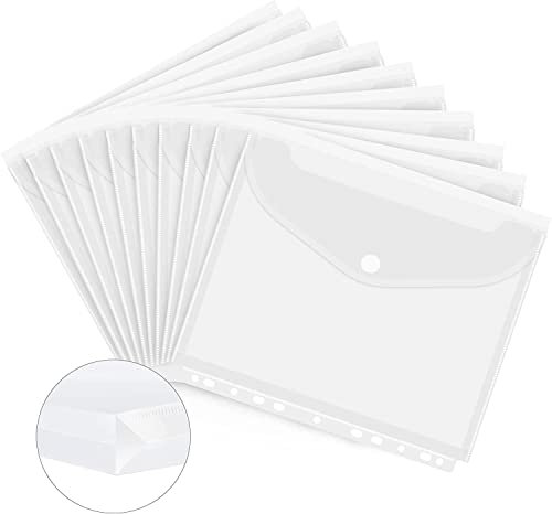 15Stück Dokumententasche A4,Taschen mit Klett-Verschluss，A4 Sichttasche Dokumenten Sammelmappen Tasche mit 11 Lochrand und Etikettentasche für Dokument Organisieren(Weiß（15Stück）)