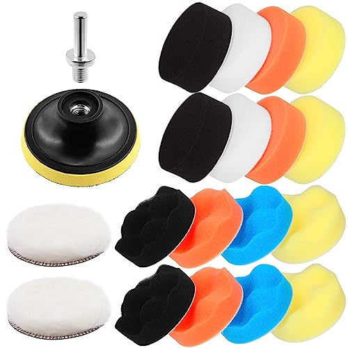 Swpeet 22Pcs 3 Pollice Car Foam Drill Lucidatura Pad Kit, 5 Colori 3 Pollice Spugna Buffing Pad, 3 Pollice Lana Buffer Pads, Ventosa con M10 Drill Adapter per Car Lucidatura Cera Sigillazione Glaze