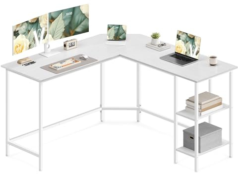 VASAGLE skrivbord, L-format datorbord, 138 x 138 x 76 cm, hörnskrivbord med 2 hyllplan, platsbesparande kontorsbord, gaming, hemmakontor, enkel montering, lönnvit LWD072W44 | Arbetsstation med Stålram, för Hemmakontor, 138 x 138 x 76 cm, Lönn vit och Pärlvit, BARNET Kollektion LWD072W44