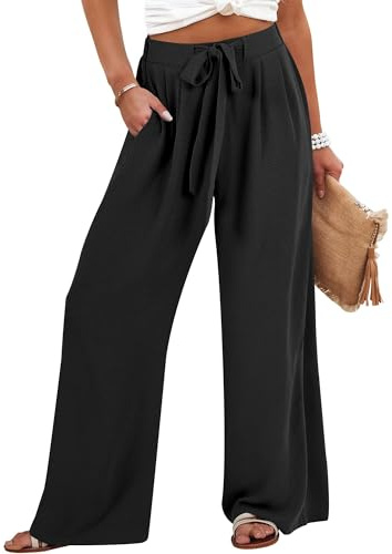 Caracilia Women Wide Leg Palazzo Pants Summer High Waist Flowy Casual Trousers Loose Lounge Beach Travel Vacation Clothes Black X-Large