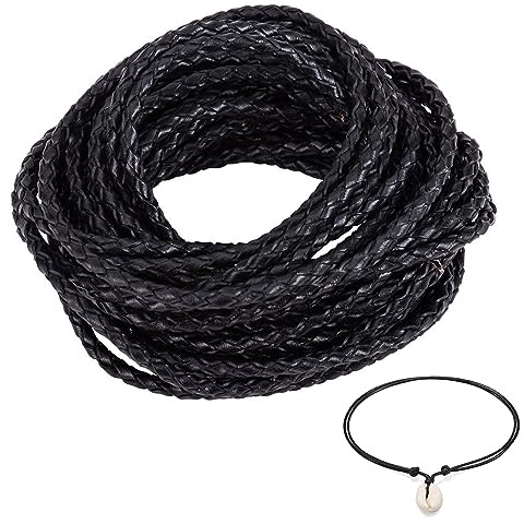 LIANCHEN 10 Meter 3mm geflochtene Lederschnur PU Geflochtene Lederkordel Vintage Geflochtenes Lederband Kein Farbverlust Rund für Armbänder Schlüsselanhänger Halsketten Hundehalsbänder DIY (Schwarz)