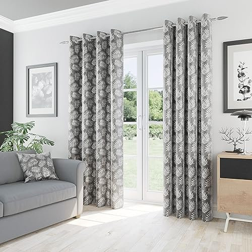 Oakland Grey Leaf Print Thermal Blockout Curtains with Eyelet Top - 46 x 72 inch (117x183cm) - Energy Saving & Noise Reducing Curtains for Living Room & Bedroom