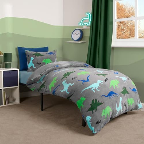 OHS Dinosaur Fleece Bedding Single for Boys, Warm Thermal Bed Set Kids Teddy Duvet Bedding Single Duvet Covers with Pillowcase Ultra Soft Comfy, Grey