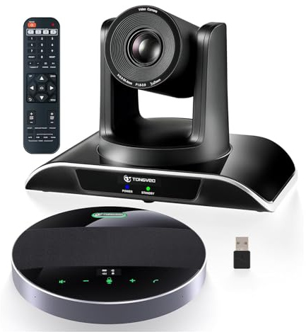 TONGVEO Système de caméra tout-en-un pour salle de conférence avec microphone Bluetooth, HD 1080p 60 fps zoom optique 3x USB3.0 HDMI PTZ et kit mains libres de conférence mis à jour avec microphones