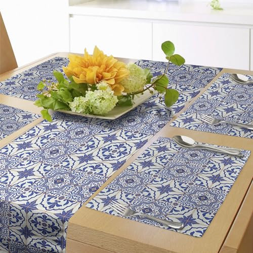 ABAKUHAUS marokkanisch Tischläufer & 4 Stück Tischsets, Checkered Grid Desgin, Set für die Tischdekoration, 41 cm x 183 cm, Violettblau Orange Weiß
