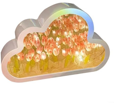 Oniissy DIY Cloud Tulip LED Nachtlicht Spiegel Tischlampen Schlafzimmer Ornamente Dekoration, schöne Wolke Tulpe Nachtlicht, schützt Augen vor grellem Blenden, LED-Lichter (Rosa)